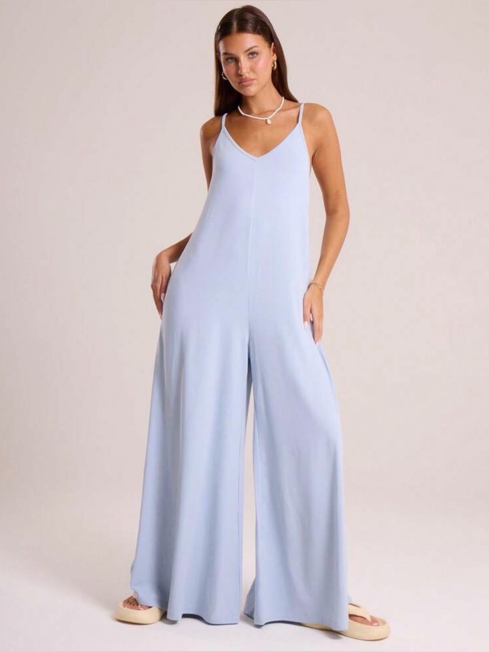 Source Unknown Pale Blue Wide-Leg Spaghetti Strap Jumpsuit